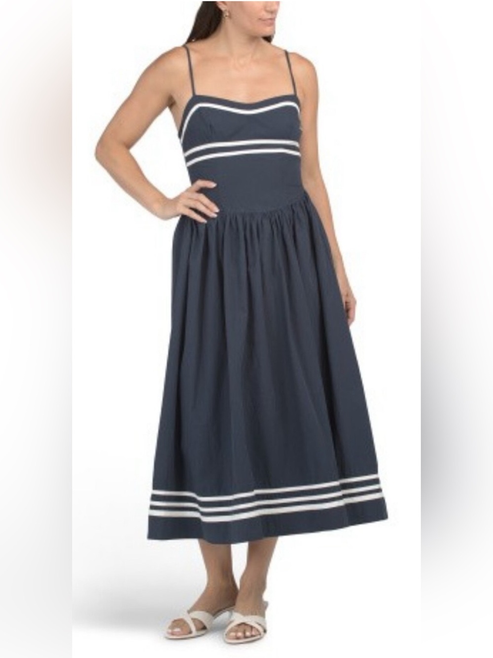 MOON RIVER Cotton Poplin Navy & White Contrast Trim Cotton Maxi Dress Size L